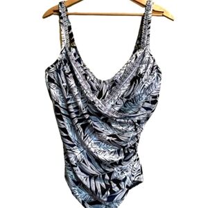 Miraclesuit Women's One Piece Black  White Faux Wrap‎ Swimsuit Size 16 Underwire